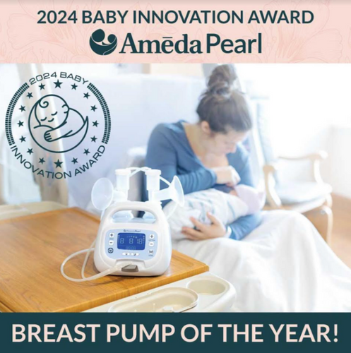 Ameda Pearl breast pump displayed on a table with a mother breastfeeding her baby in the background, featuring a "2024 Baby Innovation Award" badge and "Breast Pump of the Year!"