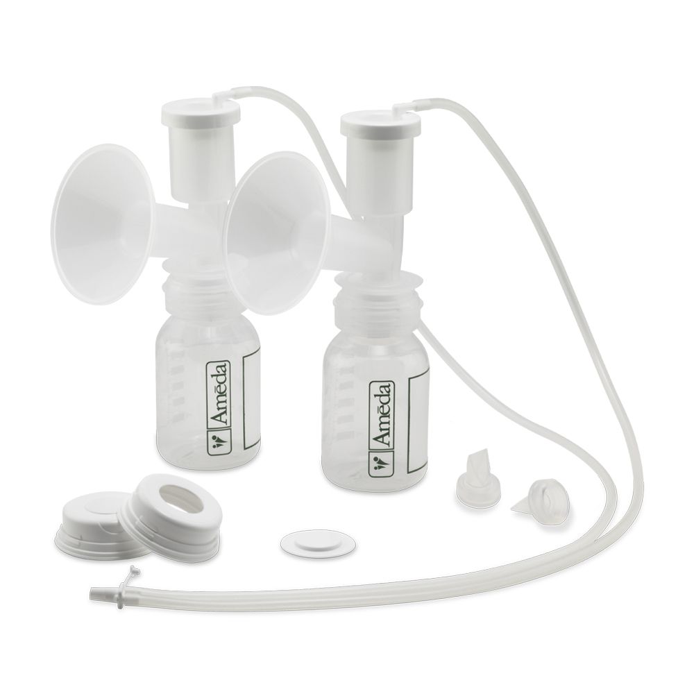 Ameda breast pump accessory kit, including two breast flanges, collection bottles, tubing, valves, and caps, displayed on a white background.