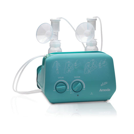 Ameda Elite breast pump in teal color with two attached milk collection bottles and tubing, displayed against a white background.