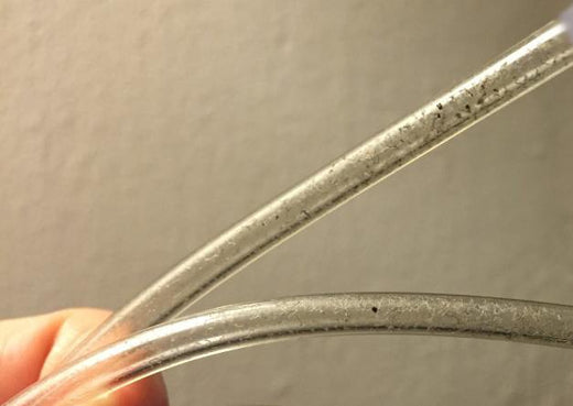 Close-up of clear breast pump tubing with visible black mold spots inside, held against a neutral background.