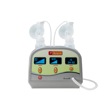 Ameda Platinum double electric breast pump with two breast milk collection bottles and a digital display showing speed, suction, and timer settings.