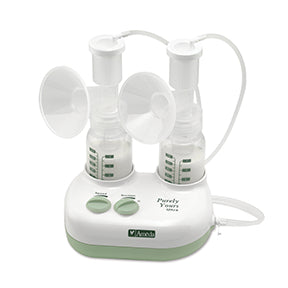 Ameda Purely Yours Ultra double electric breast pump with two attached flanges, milk collection bottles, and tubing, displayed on a white background.