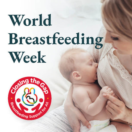 Woman breastfeeding her baby in a upright sitting position with text overlaid that reads "World Breastfeeding Week" and a badge below it that reads "Closing The Gap: Breastfeeding Support For All"