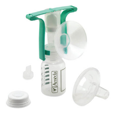 Ameda breast pump kit, featuring the pump unit, flanges, tubing, and milk storage bottles, displayed on a white background.