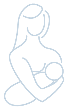 A simple, minimalistic line drawing of a woman holding an infant close to her chest. The woman has long hair and is depicted in a seated position, with her body angled slightly to one side. The outline is smooth and stylized, emphasizing the connection and warmth between the mother and child.