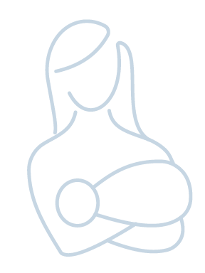 A simple line drawing of a woman holding a baby in her arms. The woman has long hair and is depicted in a side view, with a gentle smile on her face. The baby is cradled against her chest, emphasizing a nurturing and protective pose. The image uses a light blue outline on a white background, suggesting a calm and loving atmosphere.