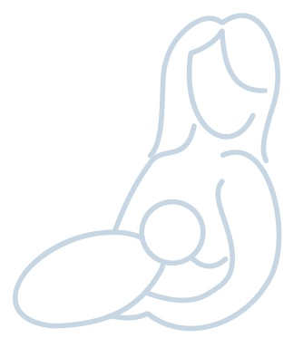 A simple line drawing of a woman sitting, holding a baby in her arms. The woman has long hair and a gentle expression, while the baby is depicted as a circular shape. The illustration has a minimalist design, using thin blue lines on a white background.