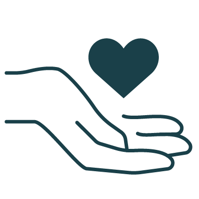 An outline illustration of a human hand with an open palm, positioned slightly upwards, and a heart shape above it. The heart is centered and appears as if it's gently floating above the hand, symbolizing care or compassion. The style is minimalistic and uses a dark color against a light background.