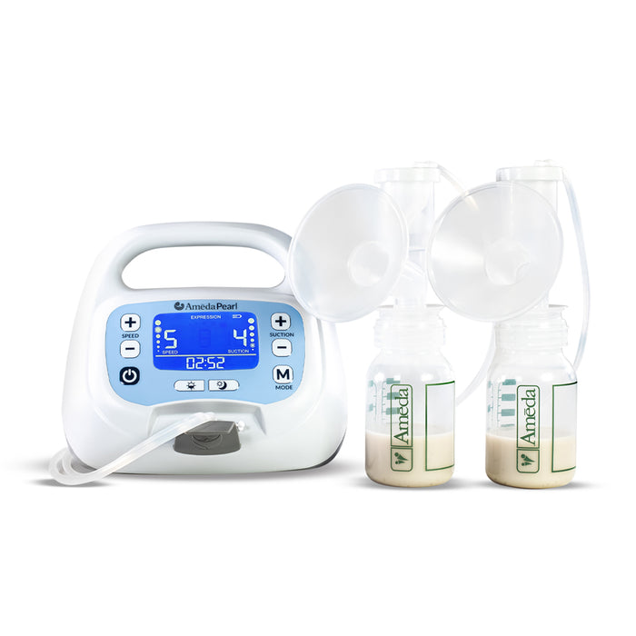 A dual electric breast pump with a white body and blue digital control panel displays speed (5), suction (4), and a timer (2:52). Two clear bottles with white breast shields and measurement markings contain light-colored liquid, connected to the pump by flexible tubes.