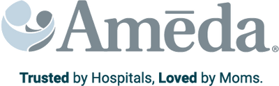 A logo featuring the word "Ameda" in a modern font, with a stylized graphic of a mother holding a child above the text. Below the brand name are the words "Trusted by Hospitals, Loved by Moms" in a smaller font. The color scheme consists of soft blues and grays, conveying a sense of care and trust.