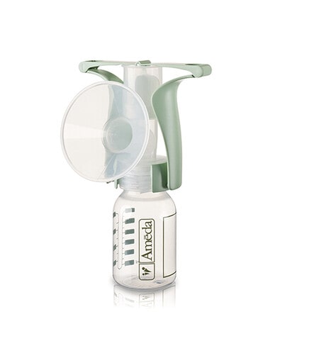 A breast pump with a white and green design. The device features a circular flange attached to a clear plastic dome on top, which connects to a transparent bottle below. The bottle has measuring marks and the brand name "Amameda" visibly displayed. The overall shape is ergonomic, emphasizing ease of use for breastfeeding mothers.