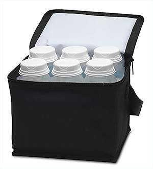 A black insulated cooler bag with a zippered opening. Inside the bag, there are six clear plastic containers, each with a white lid. The bag has a flat bottom and is closed on the sides, making it suitable for transporting beverages or food items. The interior is lined with a light-colored material, contrasting with the dark exterior.