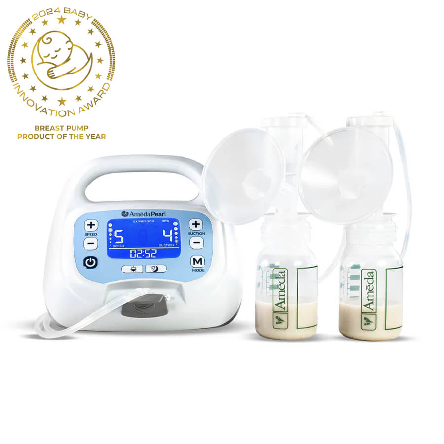 Ameda Pearl Hospital Grade Breast Pump displayed on a clean, white surface with an award beside it, highlighting its recognition for excellence.