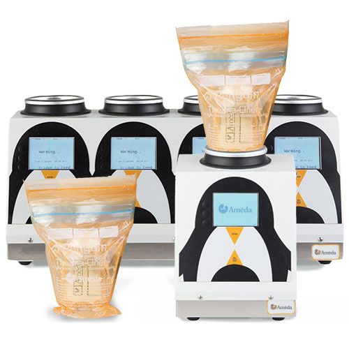 A collection of three breast pump storage systems arranged together. The systems consist of a white base with a digital display and a round opening on top, designed for inserting bags. Each unit has a prominent penguin logo and labeled with the brand "Ameda." Two clear storage bags are placed in front, showcasing a zip-top design with orange and blue stripes at the top. The background is plain, allowing focus on the products.