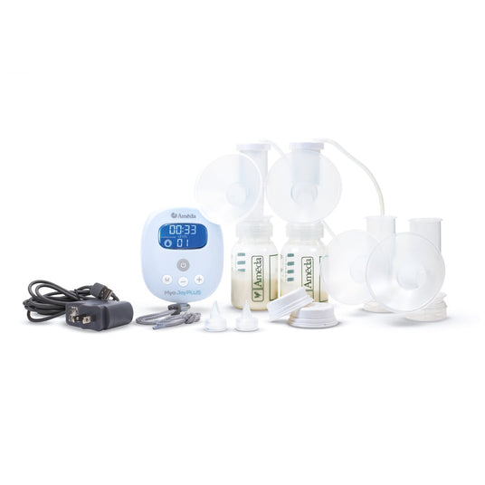 A collection of breast pump equipment arranged on a white background. In the center, there is a light blue digital display unit labeled "Mya Joy PLUS," showing a timer reading "00:33" and a numeric display "01." To the left of the display are a black power cord and plug. On the right side, there are two clear plastic bottles with white caps, each fitted with breast pump flanges. 