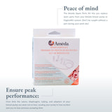 A photo of a product packaging for the Ameda Spare Parts Kit, designed for breast pumps. The box features a predominantly white background with an image of a baby in the lower right corner. The product name and description, including "PEACE OF MIND" and "ENSURE PEAK PERFORMANCE," are prominently displayed in a mix of black and orange text. The kit is described as helping to improve pump performance by allowing users to replace worn parts.