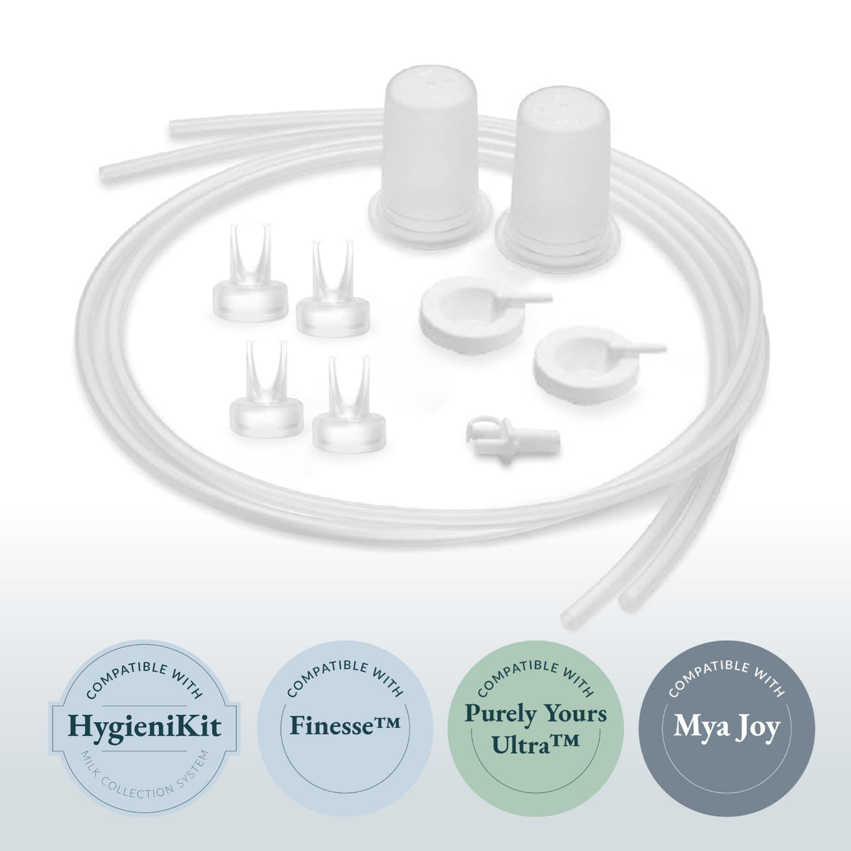 An assortment of breast pump accessories is displayed on a light, gradient background. The components include two transparent collection cups at the top, two sections of flexible tubing below them, and four smaller white attachments (two with a V-shaped opening, two round with a small spout). There is also a small connector piece included. At the bottom, four circular logos indicate compatibility with different milk collection systems: HygieniKit, Finesse™, Purely Yours Ultra™, and Mya Joy. 