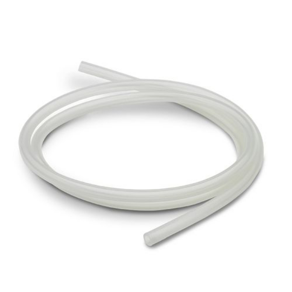 A coiled length of clear, flexible tubing lies on a white background. The tubing has smooth edges and appears to be made of soft plastic, with two ends visible where it has been cut. The coil has a circular shape, with the tubing loosely twisted and overlapping at some points.