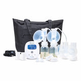 A collection of items related to breastfeeding. In the center, there is a white electronic breast pump with a digital display showing a timer and settings. To the sides, two clear bottles are attached to the pump via transparent tubes, and additional bottles are arranged nearby. There are various breast shields and adapters in white, alongside a black carrying bag positioned in the background. A power adapter and cords are also visible, indicating that the pump is electrically powered.