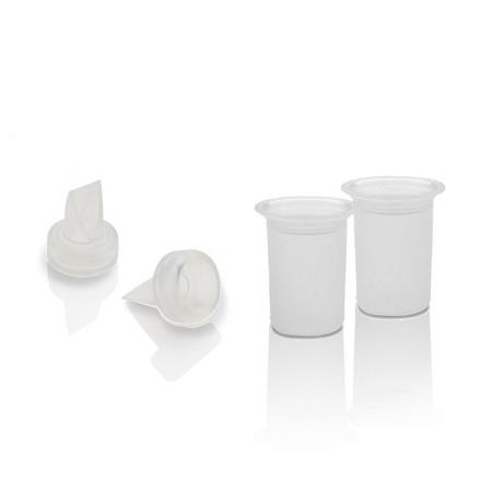 Two clear plastic cups are displayed on the right side of the image, with a slightly wider circular rim at the top and a smooth surface. They are empty and sit upright against a white background. To the left, there is a small white bottle cap with a seal, which is slightly open to show the inner edge. The overall setting is minimalistic, emphasizing the contrast between the clear cups and the white background.