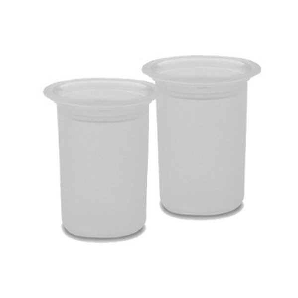 Two clear plastic cups are positioned side by side. Each cup has a smooth, round shape with a slightly wider rim, suggesting they are designed for easy handling. The cups are empty and feature a translucent appearance, allowing light to pass through, creating a subtle glow. The background is plain and white, emphasizing the simplicity and clarity of the cups.