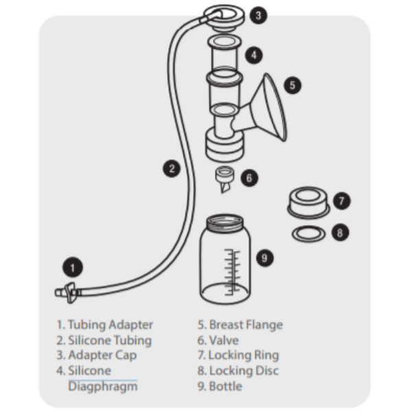 An illustration of a breast pump assembly featuring labeled detachable and individual parts. The parts include: 1. Tubing Adapter, 2. Silicone Tubing, 3. Adapter Cap, 4. Silicone Diaphragm, 5. Breast Flange, 6. Valve, 7. Locking Ring, 8. Locking Disc, and 9. Bottle. The main components are centered around a funnel-like breast flange connected to silicone tubing that leads to a bottle at the bottom. Each part is numbered for easy identification.