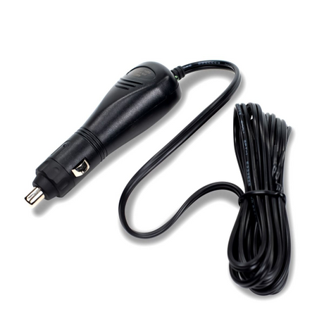 A black cigarette lighter adapter is shown, featuring a cylindrical shape with a pointed end for insertion into a vehicle's power outlet. The adapter has grooves along its side for grip and a green indicator light at the top. A long, flexible wire extends from the opposite end of the adapter, coiling slightly but primarily lying straight, with no visible connectors at the end. The background is plain white.