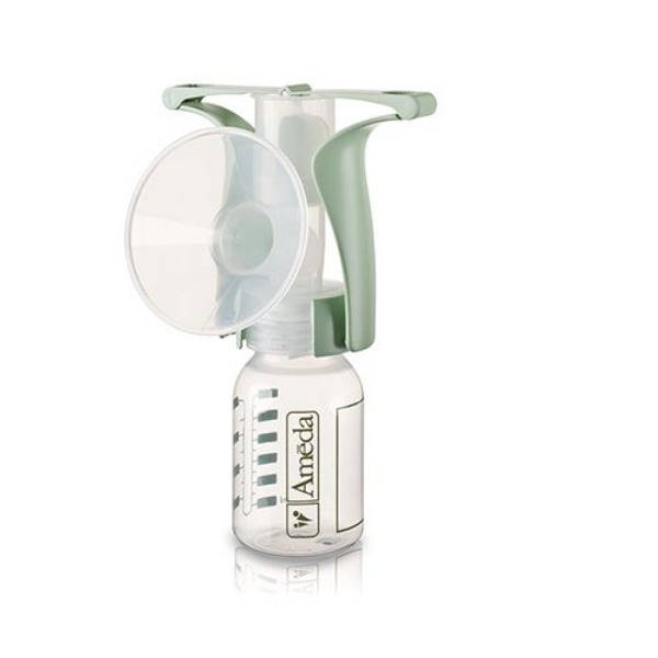 A breast pump with a white bottle and a green handle. The pump has a transparent, circular flange attached at the top, designed for comfort and effective milk extraction. The bottle features measurement markings on one side for tracking capacity. The brand name "Ameda" is printed on the bottle in a simple font. The overall design is ergonomic, emphasizing ease of use for nursing mothers.