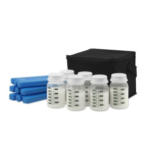 A black insulated cooler bag sits on the right side of the image. Next to it are six transparent baby bottles filled with white liquid, each with a white screw-on lid that has measurement markings on the side. To the left, there are four blue ice packs arranged parallel to each other. The overall scene suggests a setup for storing and transporting baby formula or breast milk.