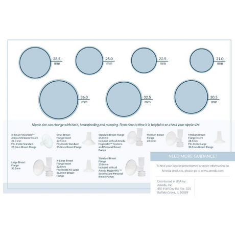 An informational graphic showing nipple sizes for breast pumps: 21.0 mm, 22.5 mm, 25.0 mm, 28.5 mm, 30.5 mm, 32.5 mm, and 36.0 mm. Below, flange options are listed as X-Small, Small, Standard, Medium, and Large with corresponding measurements. The graphic highlights the need to recheck nipple size due to changes from birth, breastfeeding, and pumping. Ameda, Inc.'s contact details are included.