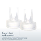 Two transparent white valves for a breast pump are displayed side by side. They have a rounded base that flares out slightly, with a narrow, elongated opening at the top. Below the valves, there is text that reads: "Ensure best performance: Our valves are HygieniKit Milk Collection Systems. To ensure the best performance of your Ameda breast pump, we recommend replacing valves every 8-12 weeks, depending on cleaning and use." The background is a light gradient from white to pale blue.