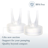 Two clear silicone breast pump flanges are displayed side by side against a light background. The flanges have a circular base and a tapered opening designed to fit comfortably. Above them, a blue shield icon indicates that the product is BPA-free. Text in a decorative font below the flanges highlights key features: "Like new suction," "Support for your pumping," and "Quality beyond compare."