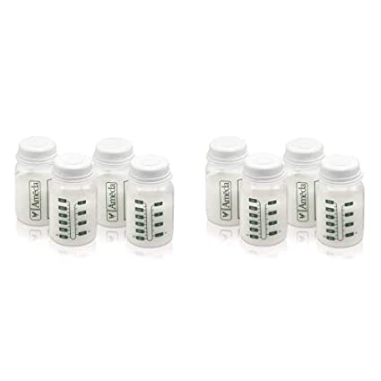 A collection of six small, white, cylindrical containers arranged in two rows. Each container features a label on the front with a logo and several vertical green lines indicating measurements or markings. The containers have a rounded lid. The overall appearance is neat and organized, suggesting they are likely used for storage or dispensing of items.