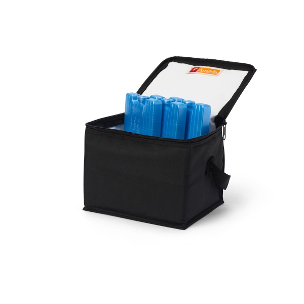 A black insulated storage bag with a zipped lid is shown partially open. Inside, several light blue ice packs are neatly arranged, standing upright. The inside of the lid is white, and a logo is visible in one corner. The bag has a handle on one side for easy carrying.