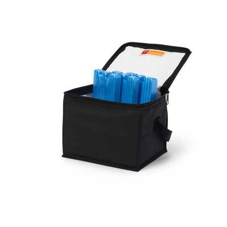 A black insulated storage bag with a zipped lid is shown partially open. Inside, several light blue ice packs are neatly arranged, standing upright. The inside of the lid is white, and a logo is visible in one corner. The bag has a handle on one side for easy carrying.