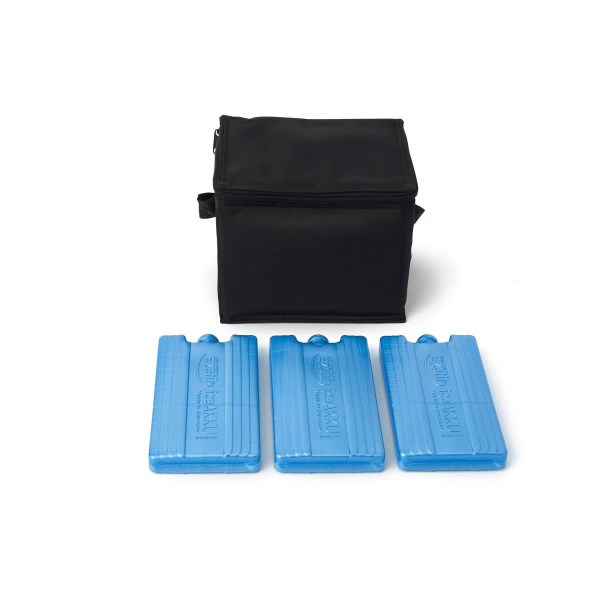 A compact, black insulated cooler bag with a zippered top sits at the center of the image. It has a small handle on the side for easy carrying. In front of the cooler bag, there are three blue ice packs arranged side by side. Each ice pack has a ribbed texture and a rounded top, indicating they are designed for cooling purposes. The background is plain, drawing attention to the cooler and ice packs.