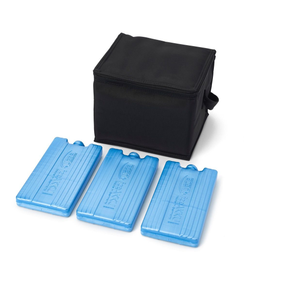 A black zippered cooler bag is positioned behind three blue ice packs. The cooler bag is square-shaped with a flat top and a side handle. The three ice packs are rectangular, with rounded edges and textured surfaces, arranged horizontally in front of the cooler. Each ice pack features raised lettering indicating its brand or type.