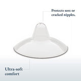 Image of a clear silicone nipple shield designed for breastfeeding. The shield has a wide, circular base and a raised, soft dome in the center. Text annotations indicate that it provides protection for sore or cracked nipples and emphasizes its ultra-soft comfort. The background is a gradient from light to dark, enhancing the visibility of the shield and text.