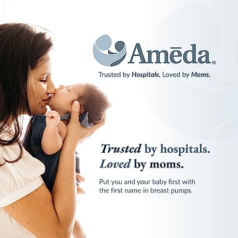 A mother gently kisses her newborn baby, who is cradled in her arms. The mother has long dark hair and is wearing a soft, light-colored top. The background is bright and softly blurred, with the Ameda logo and text that reads "Trusted by hospitals. Loved by moms. Put you and your baby first with the first name in breast pumps," positioned next to the pair. The overall tone of the image is warm and nurturing.