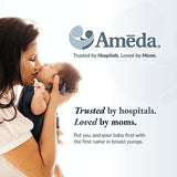 A mother gently kisses her newborn baby, who is cradled in her arms. The mother has long dark hair and is wearing a soft, light-colored top. The background is bright and softly blurred, with the Ameda logo and text that reads "Trusted by hospitals. Loved by moms. Put you and your baby first with the first name in breast pumps," positioned next to the pair. The overall tone of the image is warm and nurturing.