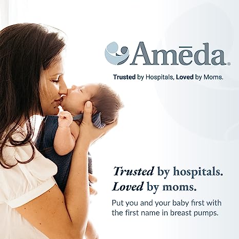 A woman with long dark hair is holding a small baby close to her face, gently kissing the baby's forehead. The woman is wearing a white top and the baby is dressed in a blue outfit. In the corner, there is a logo for Ameda, accompanied by the text "Trusted by hospitals. Loved by moms." The overall tone is warm and nurturing, emphasizing a connection between mother and child.