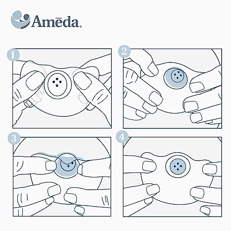 Four instructional panels from Ameda demonstrate breast pump operation:

Two hands hold a circular attachment with a button in the center.
One hand presses the button while the other holds the attachment.
The button compresses as pressure is applied.
The attachment returns to its original shape once the button is released. The Ameda logo is in the top left corner.