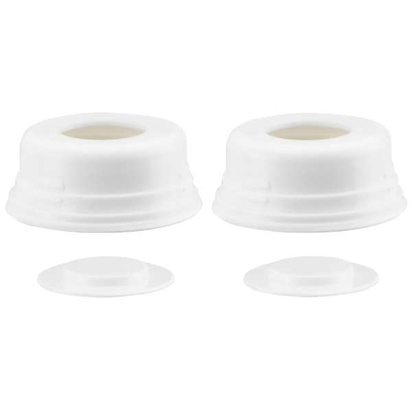 Four white, circular plastic items are displayed. Two larger items on the left are slightly taller and have ridges around the base, featuring a central opening at the top. The two smaller, flat pieces on the right are circular lids that fit over the openings of the larger items. The overall appearance is simple, with a clean and glossy finish.