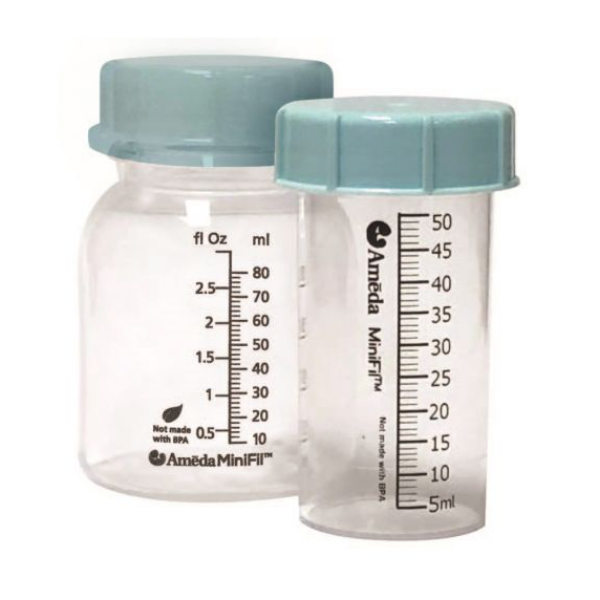 Two translucent plastic bottles with light blue screw-on lids are shown. The larger bottle on the left features measurement markings in both fluid ounces and milliliters, ranging from 0.5 to 10 ounces and 5 to 80 milliliters. The smaller bottle on the right has similar measurement markings in milliliters, ranging from 5 to 50 milliliters. Both bottles are labeled with the brand "Ameda MiniFi" and indicate they are not made with BPA.