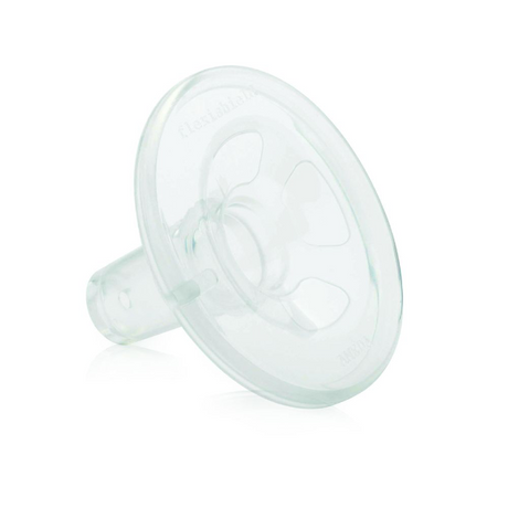 A transparent, flexible silicone breast shield, designed with a wide circular base and a narrow tube protruding from one side. The shield features four evenly spaced cutouts in the center to facilitate airflow or milk flow, providing comfort and efficiency for breastfeeding or pumping. The overall shape resembles a shallow bowl with a connector, suitable for attaching to breast pumps.