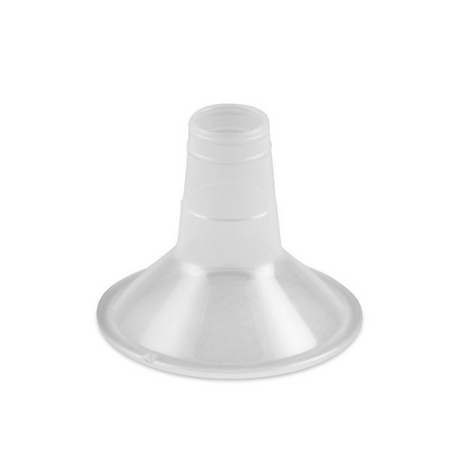 A clear plastic funnel with a wide, flared base and a narrow neck at the top. The neck has a slight indentation, and the overall shape resembles an inverted cone, making it suitable for pouring liquids or transferring materials from one container to another. The surface is smooth and shiny, reflecting light.