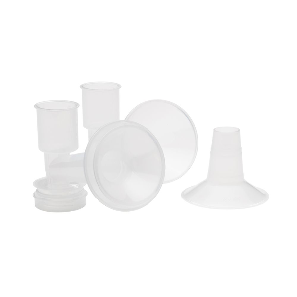 A collection of clear, plastic breast pump components arranged on a white background. The set includes several funnel-shaped pieces and small cups, with a variety of sizes and shapes indicating their use in milk expression. The surfaces are smooth and shiny, reflecting light slightly.