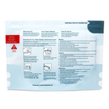 A flat packaging bag is displayed, featuring a light blue background with white polka dots on the bottom. The top section includes instructions and warnings, prominently labeled in English and French. The text outlines steps for use, such as "Before Every Use" and "Instructions for Use." There are also warning icons and general safety information to avoid hazards. The contact website, “Ameda.com | ParentCare@ameda.com,” is located at the bottom. 