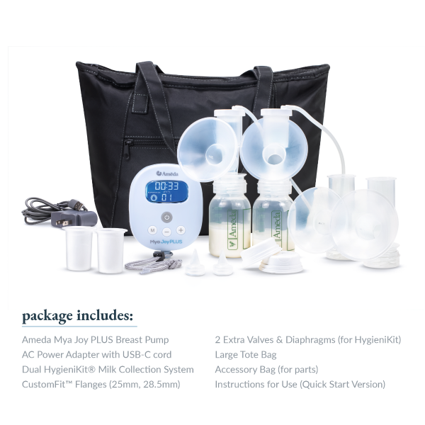 The image shows a collection of breastfeeding supplies arranged on a white background. Central to the image is the Ameda Mya Joy PLUS breast pump, depicted with a digital display that shows a timer. There are two clear milk collection bottles positioned beside the pump, each connected to breast pump flanges. Additional items include a black tote bag, a power adapter with a USB-C cord, two small plastic containers, and a set of extra valves and diaphragms. 