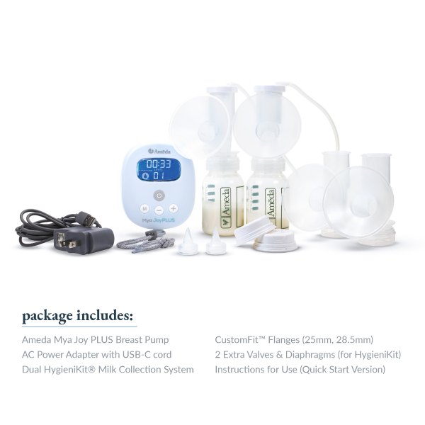 A product image featuring the Ameda Mya Joy PLUS Breast Pump kit. The kit includes a compact breast pump displayed prominently in the center with an easy-to-read digital timer showing "00:33" and "01" below it. To the left, there is an AC power adapter with a USB-C cord, and to the right, two clear breast pump bottles are shown, each topped with a white CustomFit™ flange. There are also two additional flanges and extra valves and diaphragms laid out nearby.